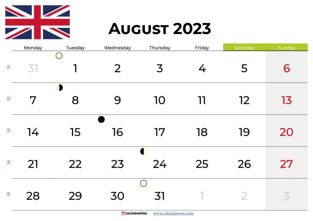 august 2023 calendar UK