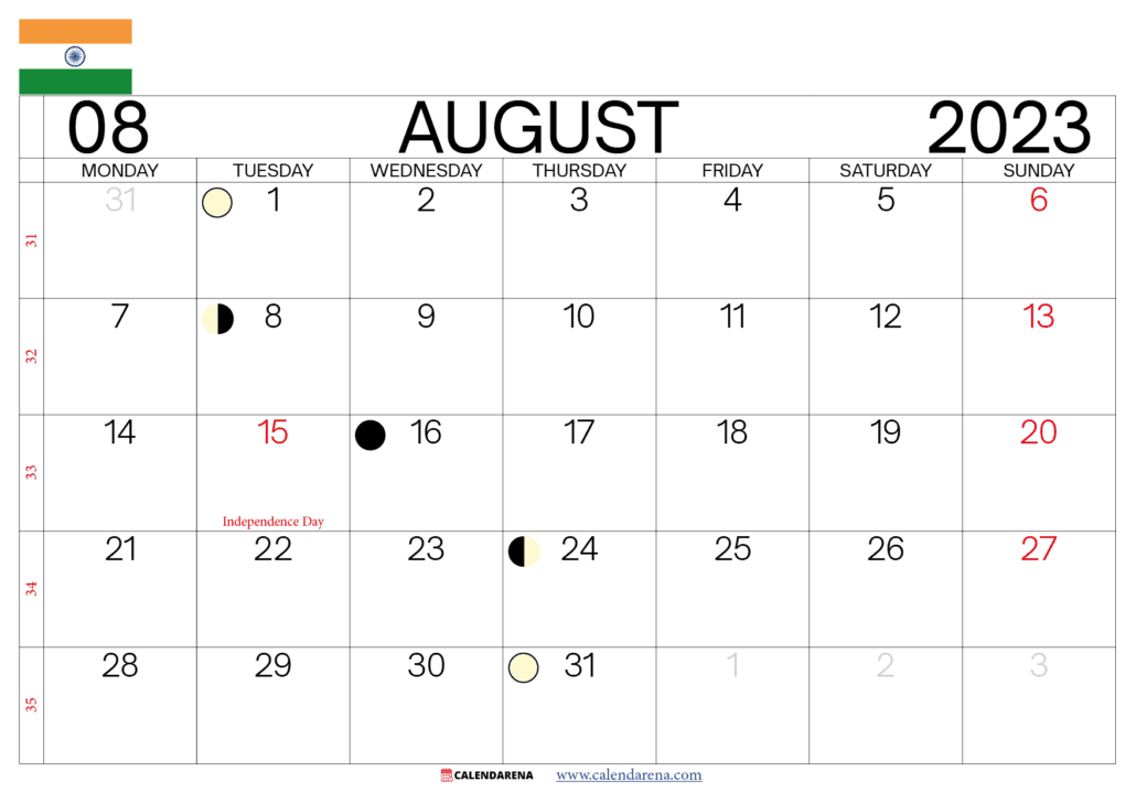 august 2023 calendar india