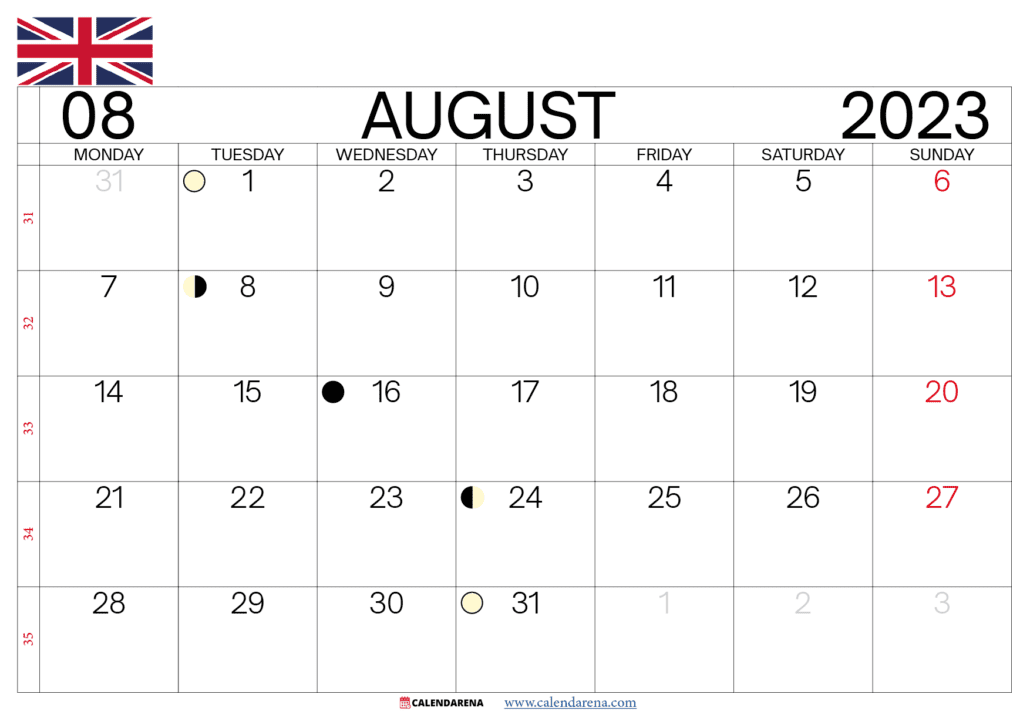 august 2023 calendar printable UK