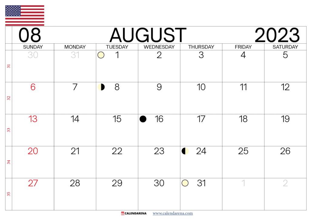 august 2023 calendar printable USA