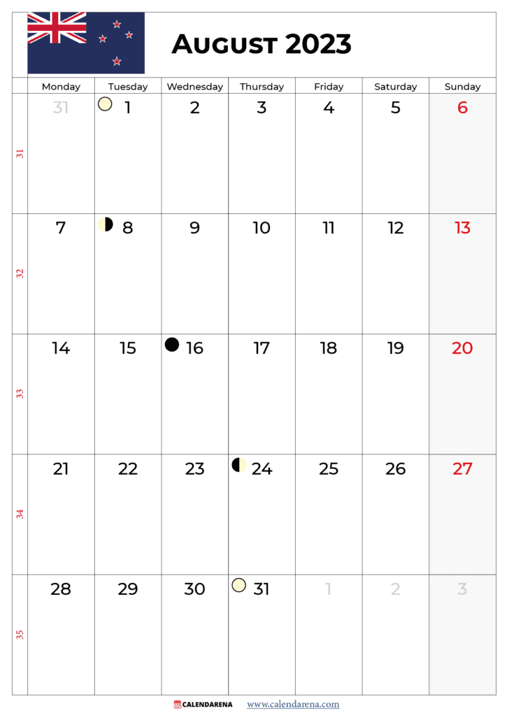 august 2023 calendar with holidays NZ