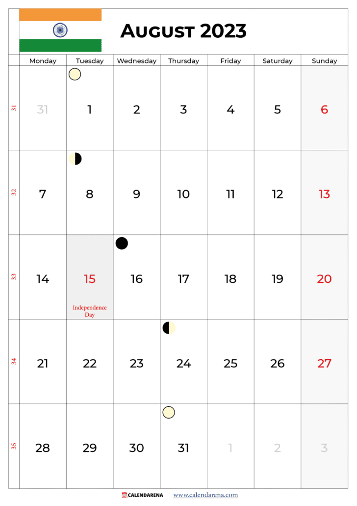 august 2023 calendar with holidays india