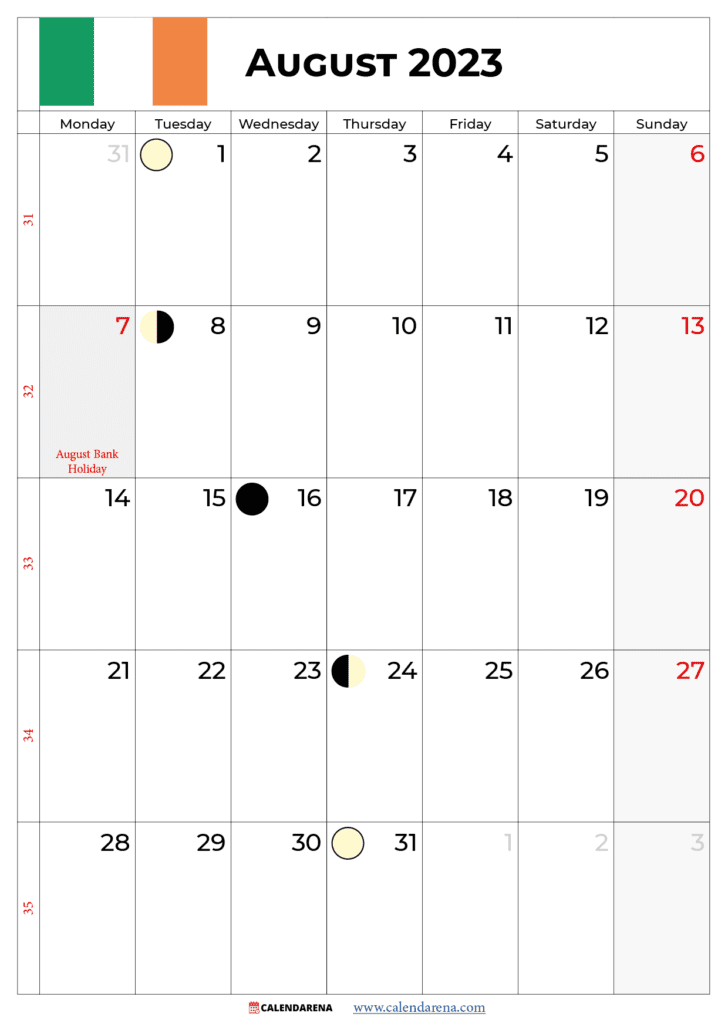 august 2023 calendar with holidays ireland