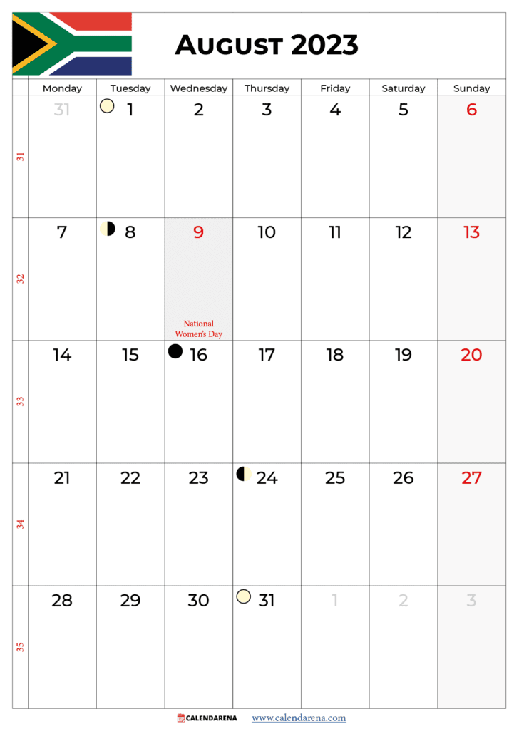 august 2023 calendar with holidays south africa
