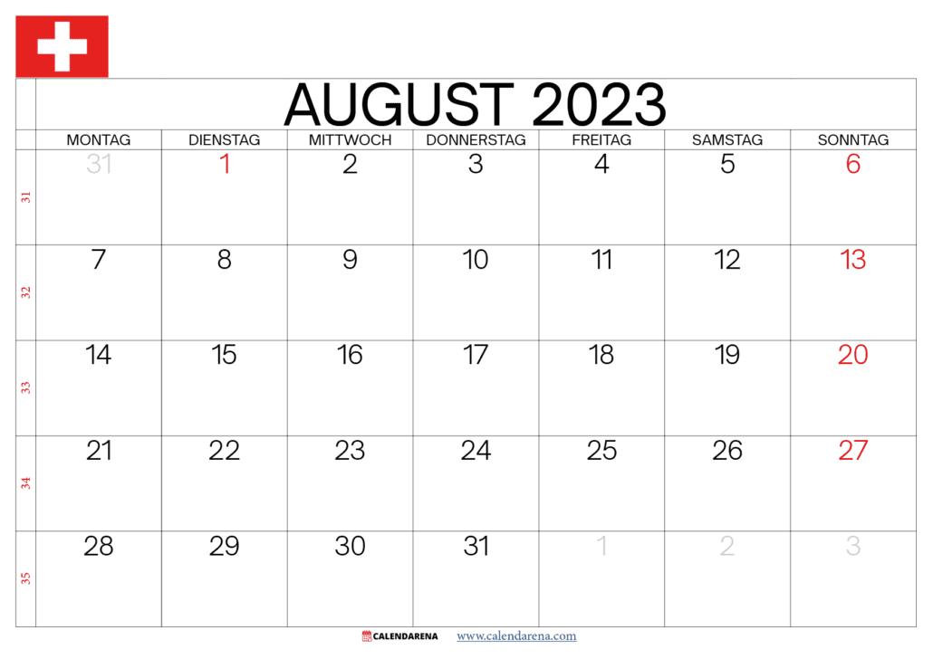 august 2023 kalender Schweiz