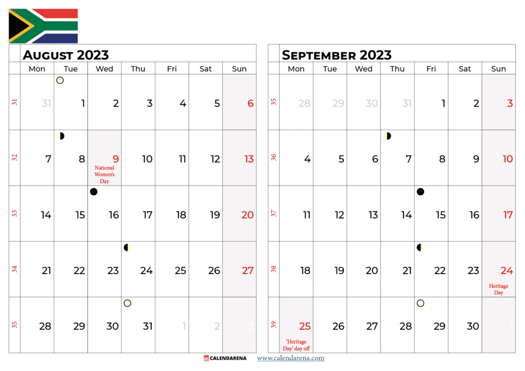 august and september 2023 calendar south africa