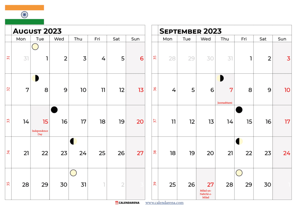 august september 2023 calendar india