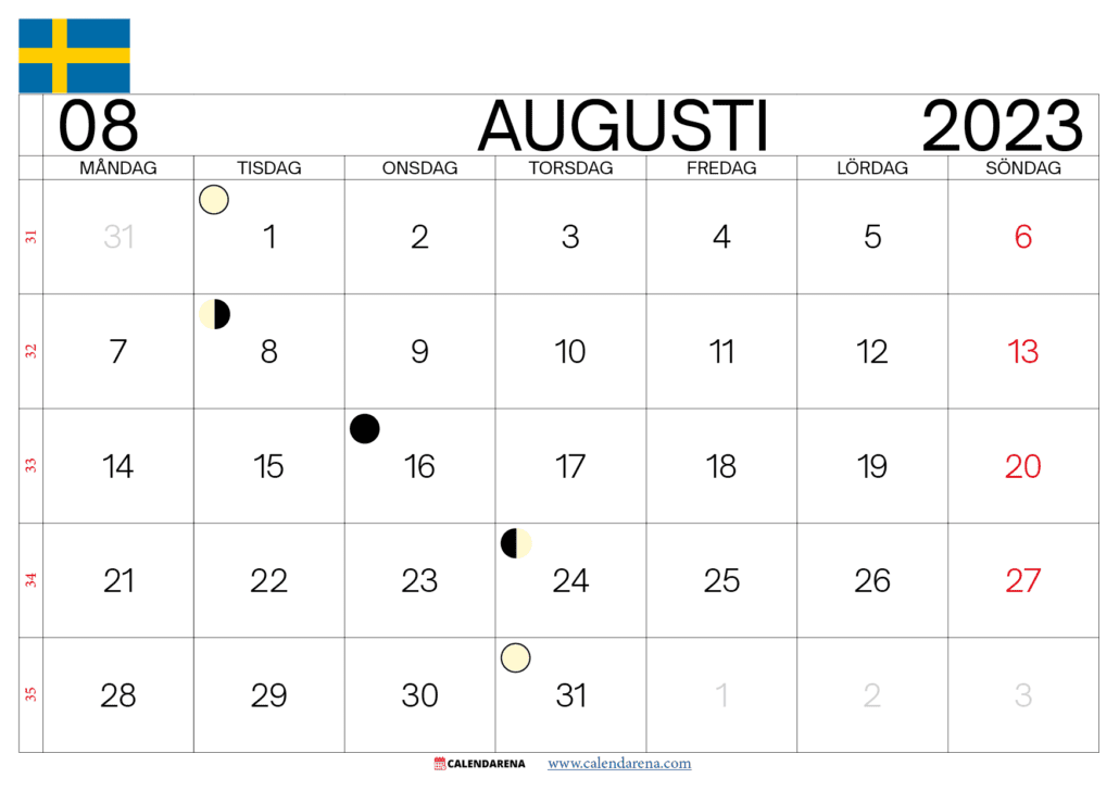 augusti kalender 2023 Sverige