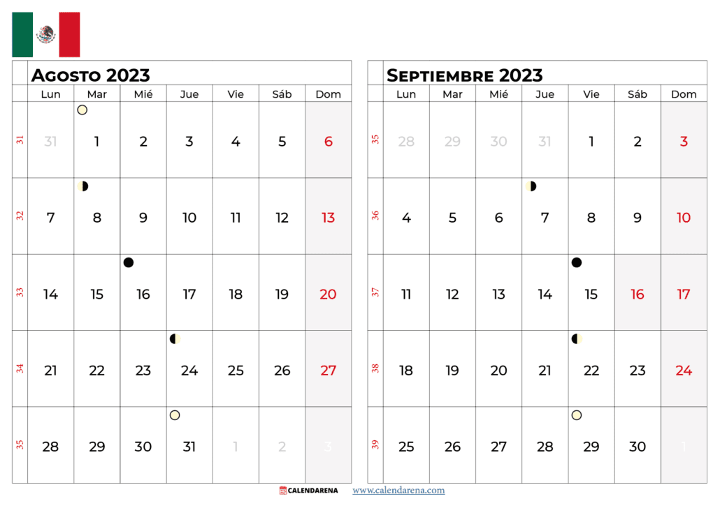 calendario Agosto septiembre 2023 méxico