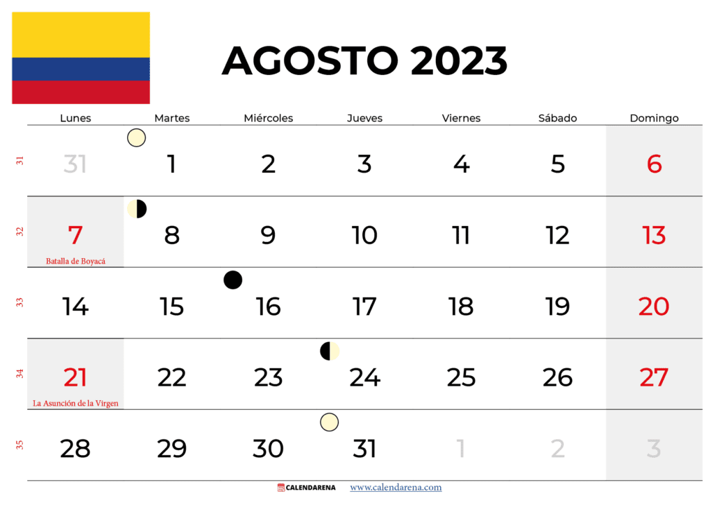 calendario agosto 2023 colombia