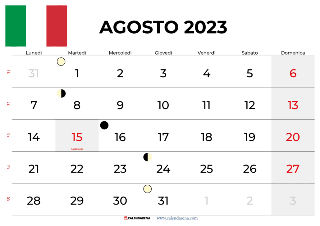 calendario agosto 2023 italia