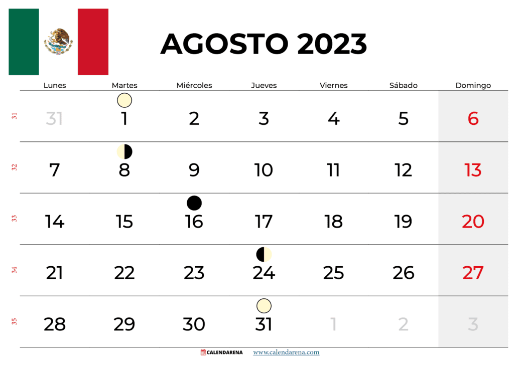 calendario agosto 2023 méxico