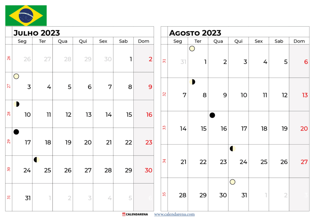 calendário julho e Agosto 2023 brasil