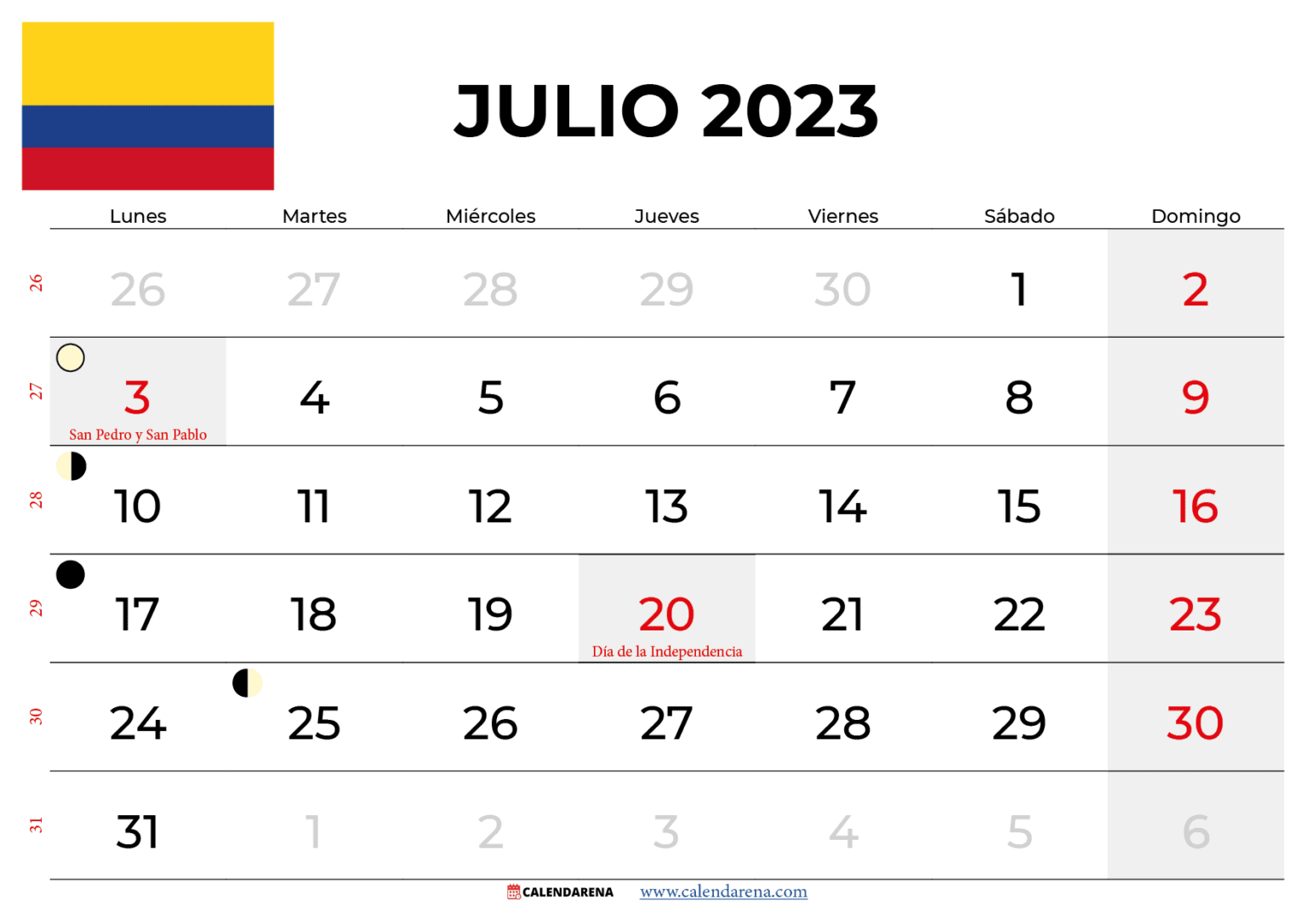 Descargar Calendario Julio 2023 Colombia