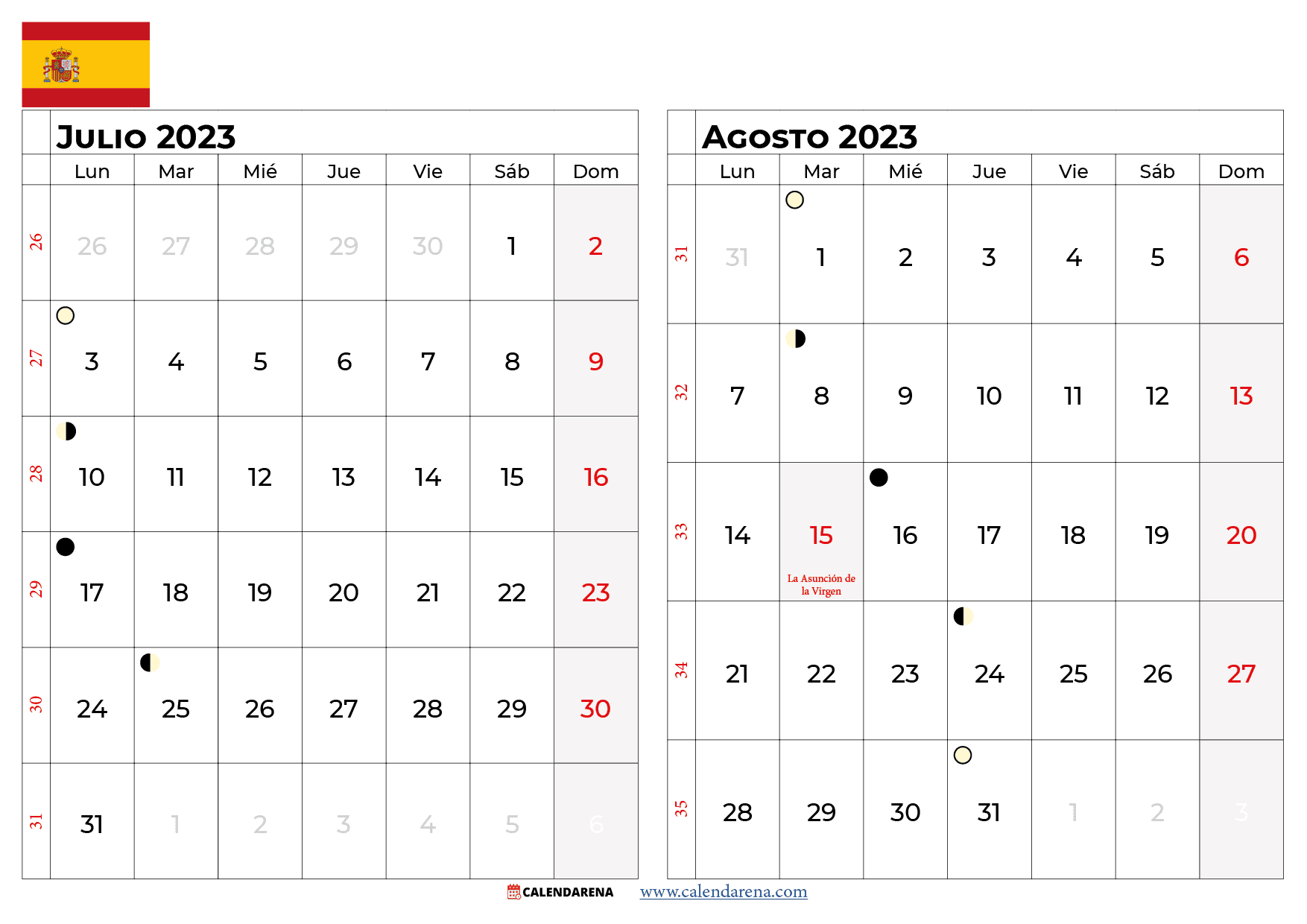 calendario julio y Agosto 2023 España