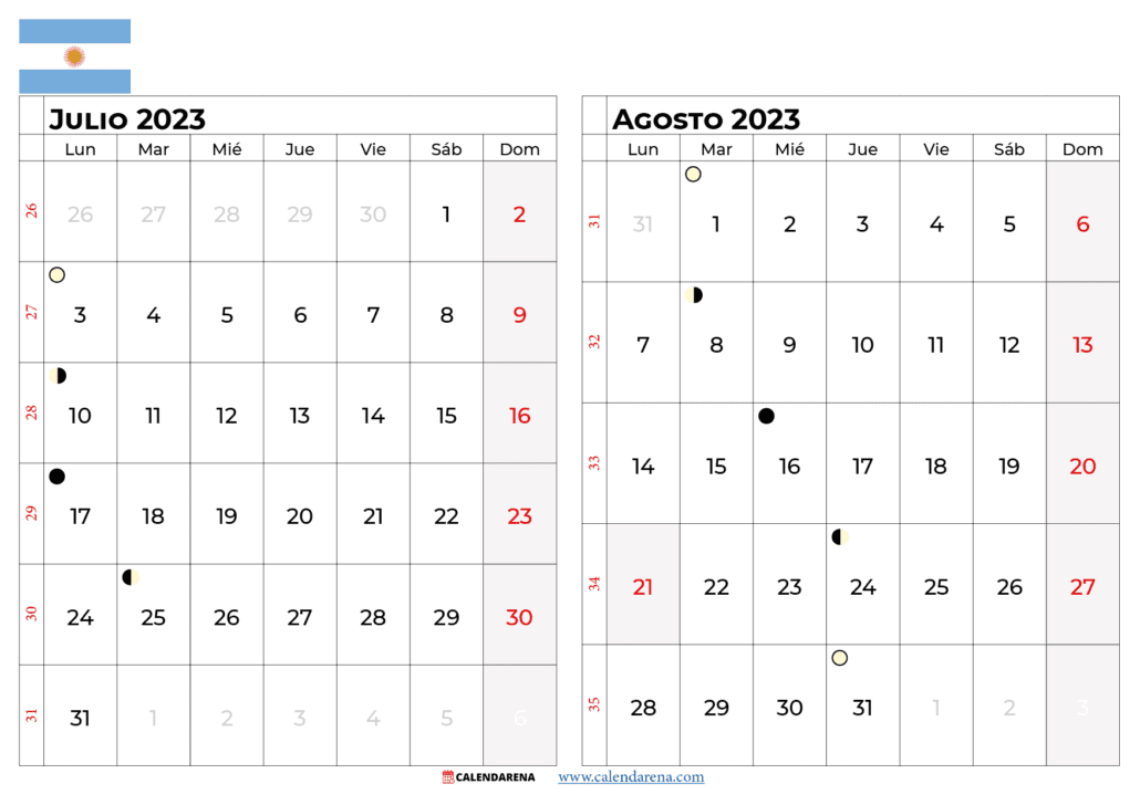 calendario julio y Agosto 2023 argentina