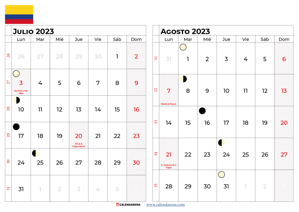 calendario julio y Agosto 2023 colombia