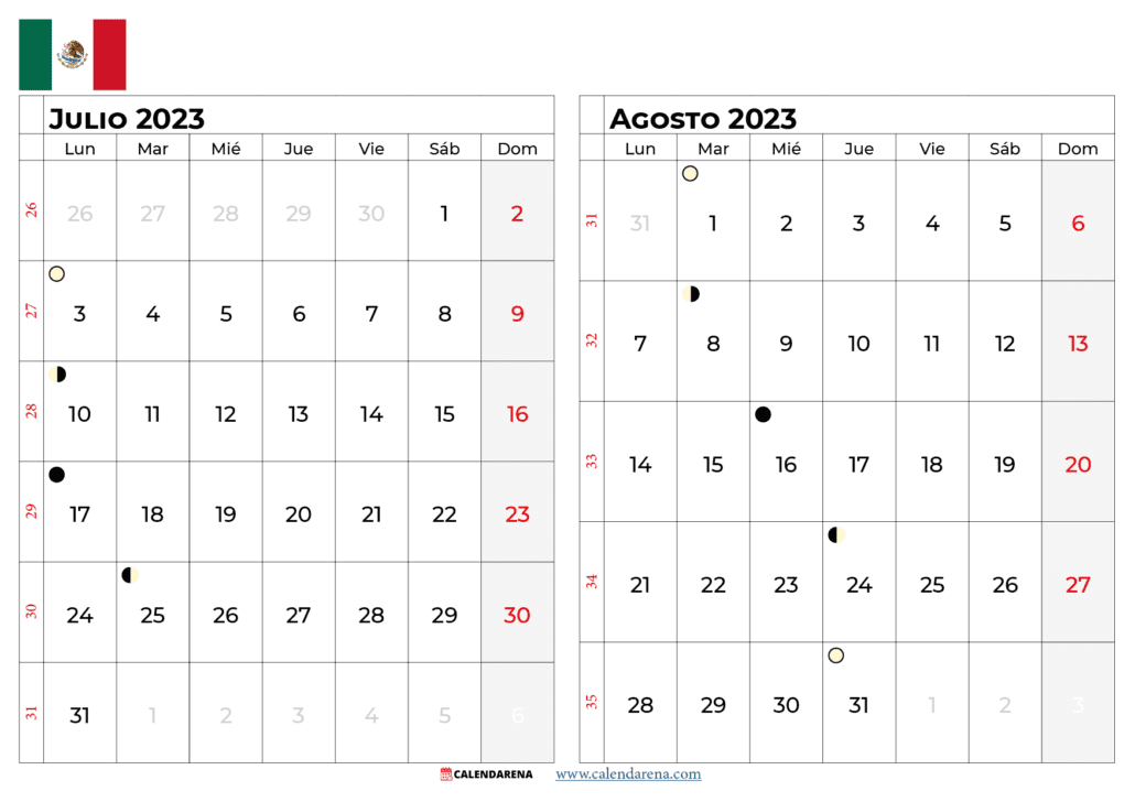 calendario julio y Agosto 2023 méxico