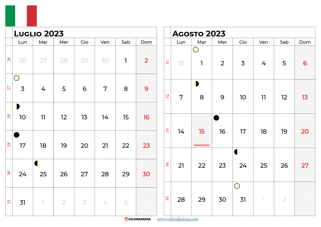 calendario luglio e agosto 2023