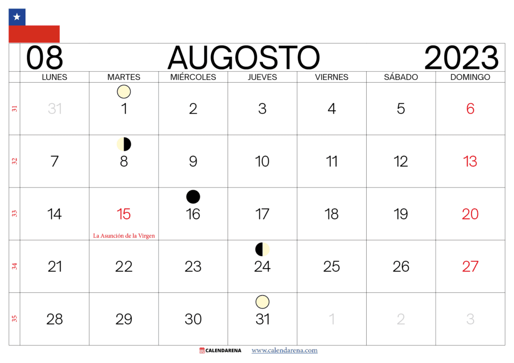 calendario mes de agosto 2023 Chile