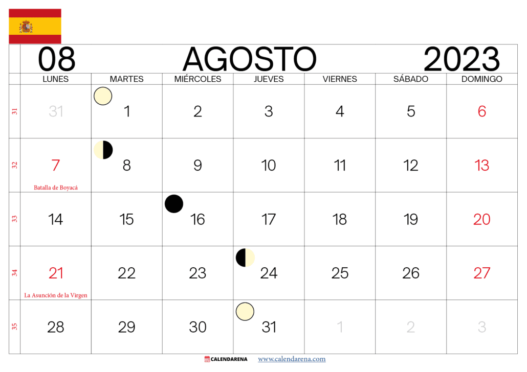 calendario mes de agosto 2023 España