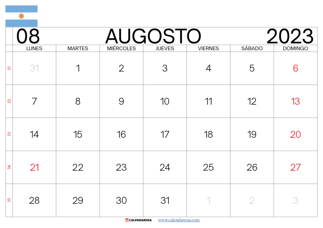 calendario mes de agosto 2023 argentina