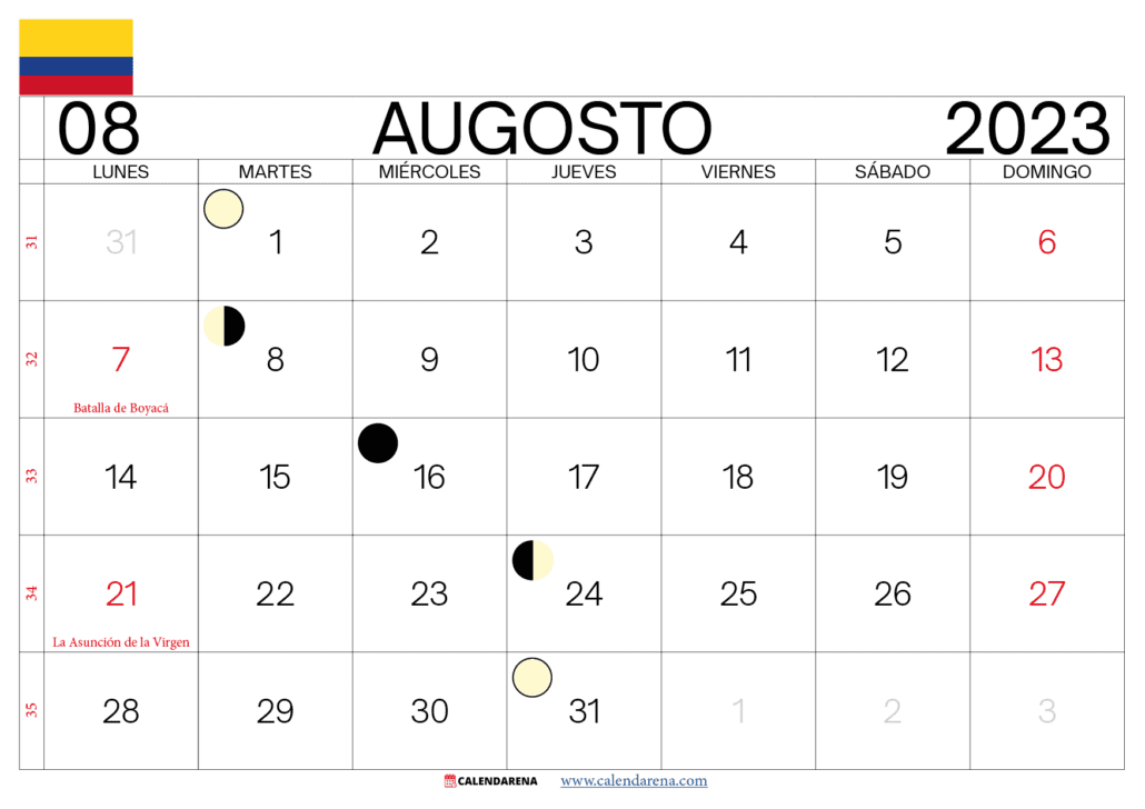 calendario mes de agosto 2023 colombia