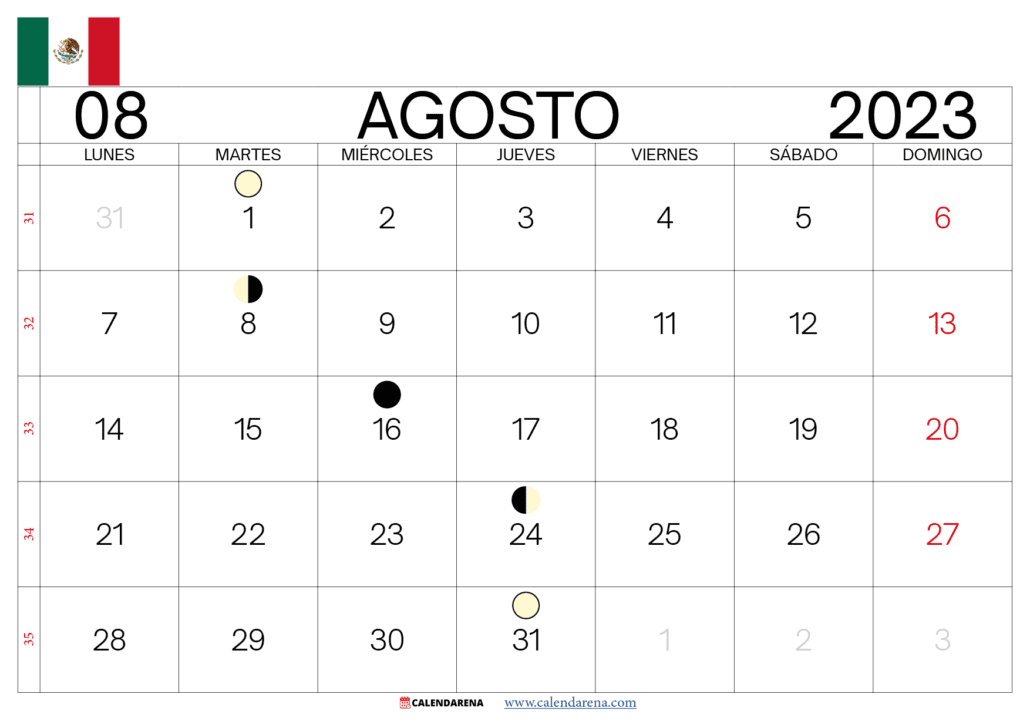 calendario mes de agosto 2023 méxico