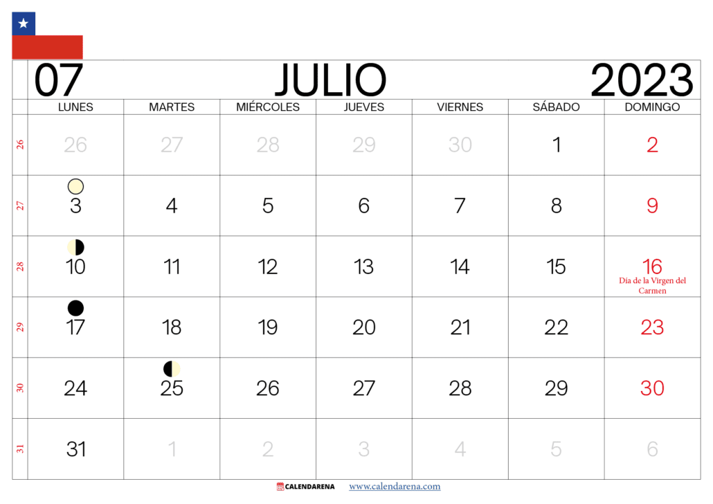 calendario mes de julio 2023 Chile