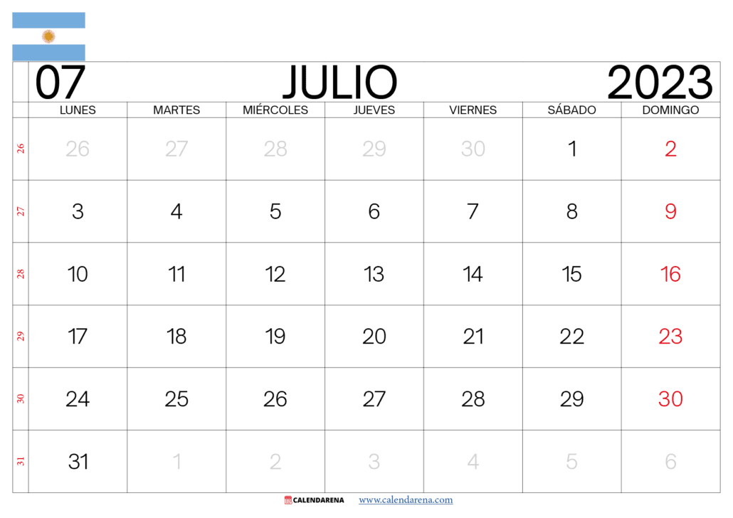calendario mes de julio 2023 argentina