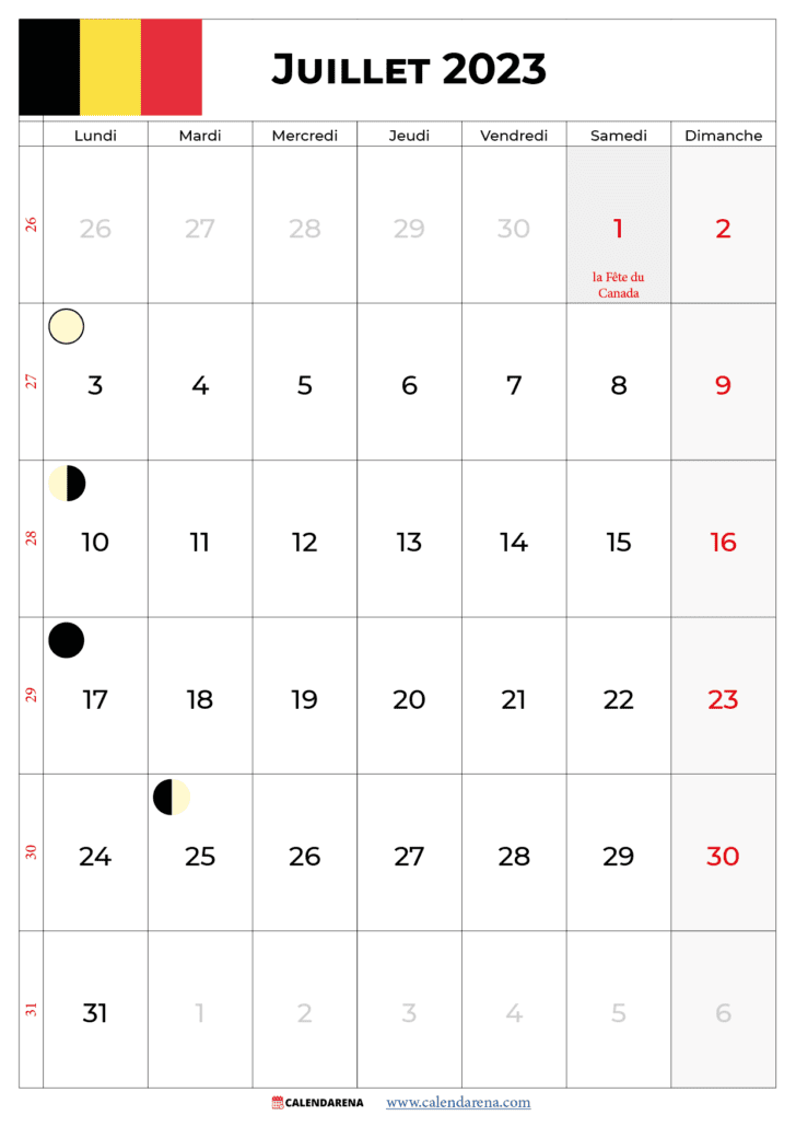 calendrier juillet 2023 avec jours fériés belgique