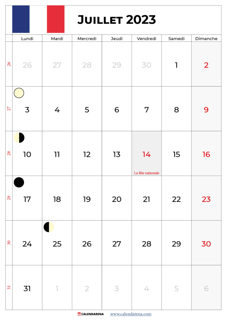 calendrier juillet 2023 avec jours fériés france