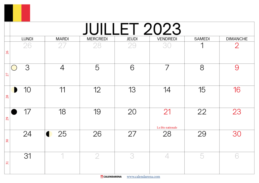 calendrier juillet 2023 jours fériés belgique