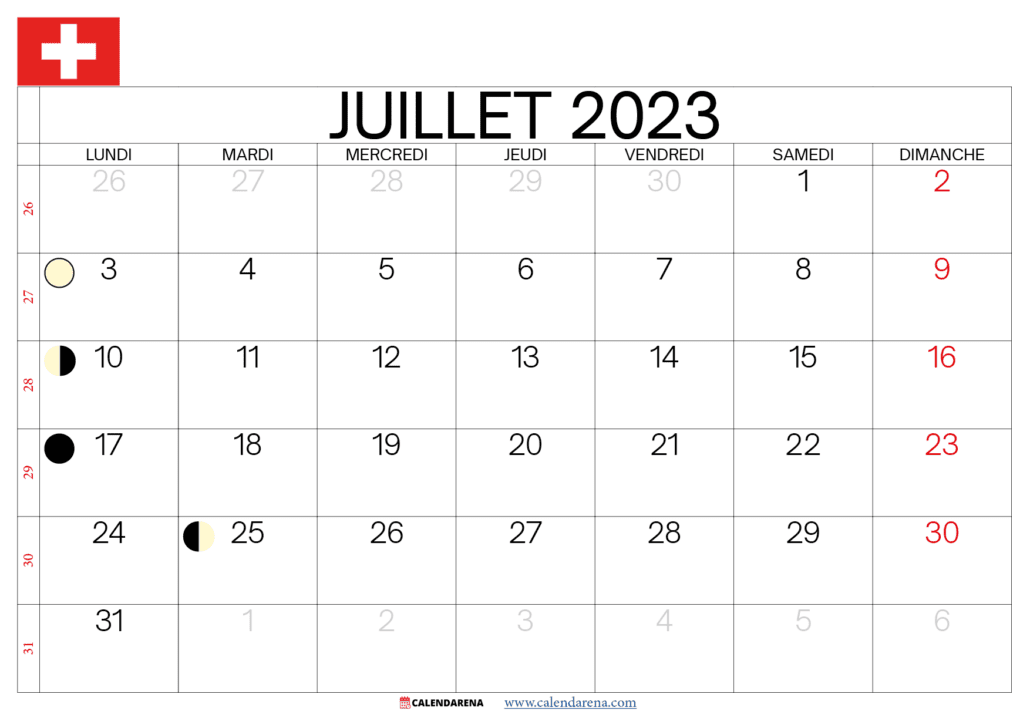 calendrier juillet 2023 jours fériés suisse
