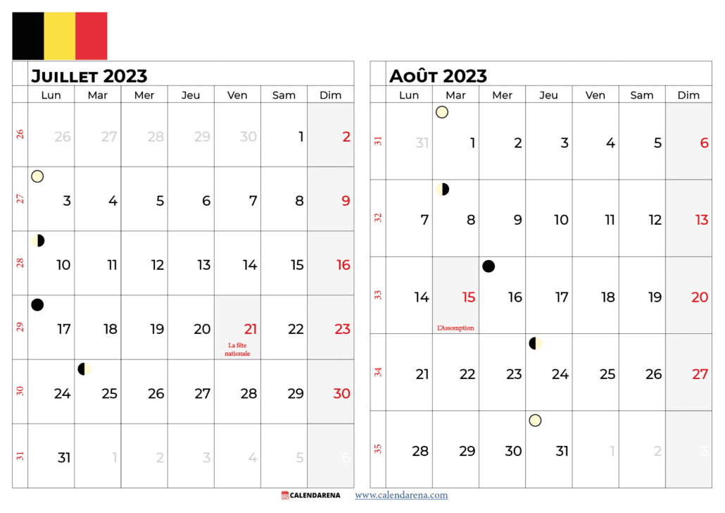 calendrier juillet aout 2023 belgique