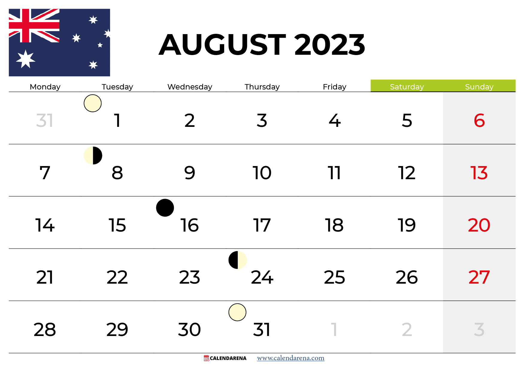free printable calendar august 2023 australia