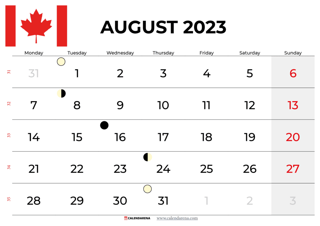 free printable calendar august 2023 canada