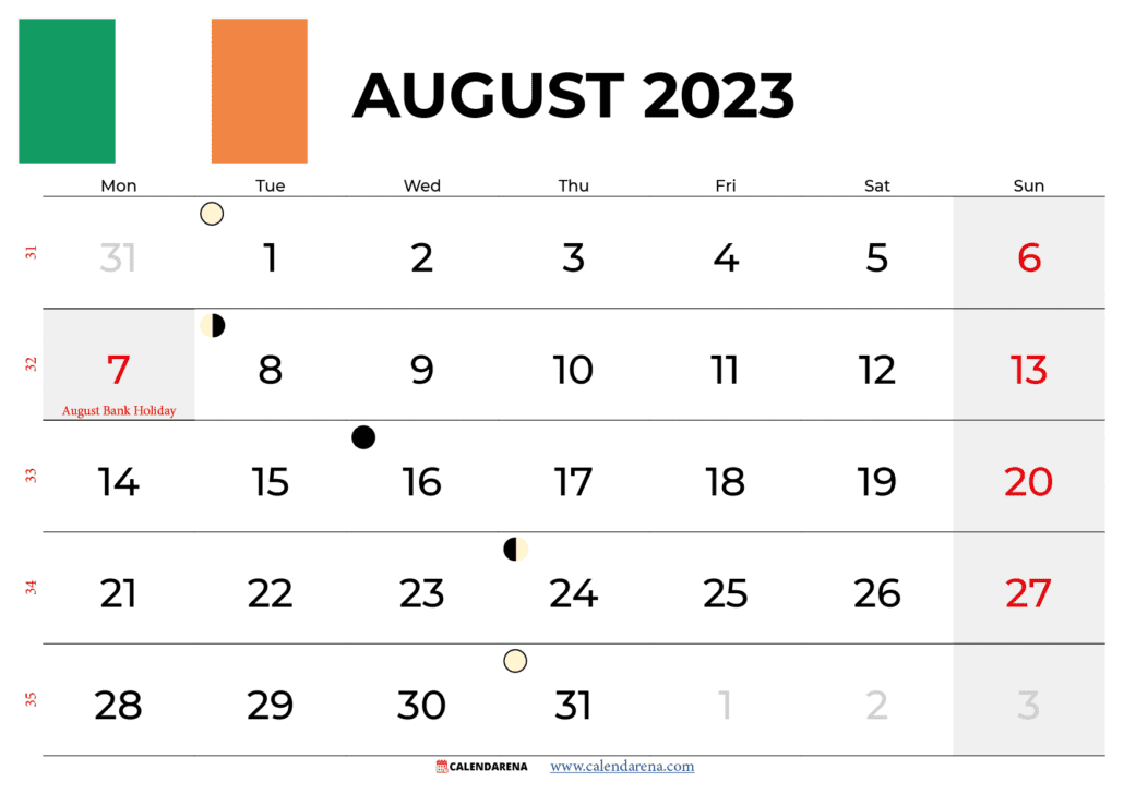 free printable calendar august 2023 ireland