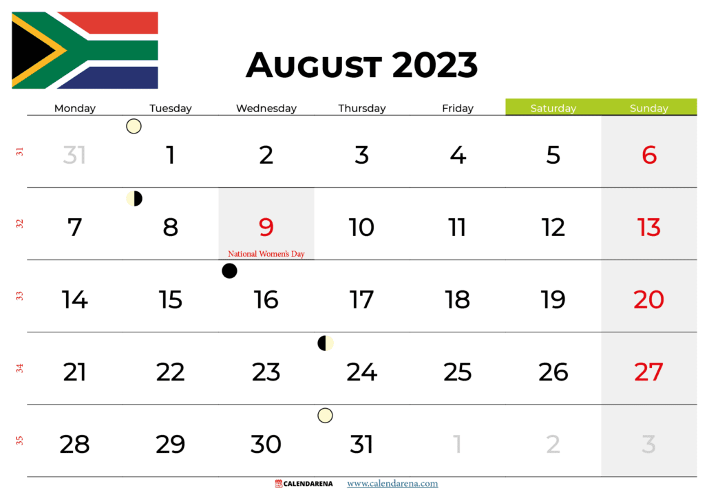 free printable calendar august 2023 south africa