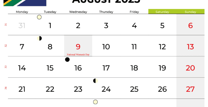 free printable calendar august 2023 south africa