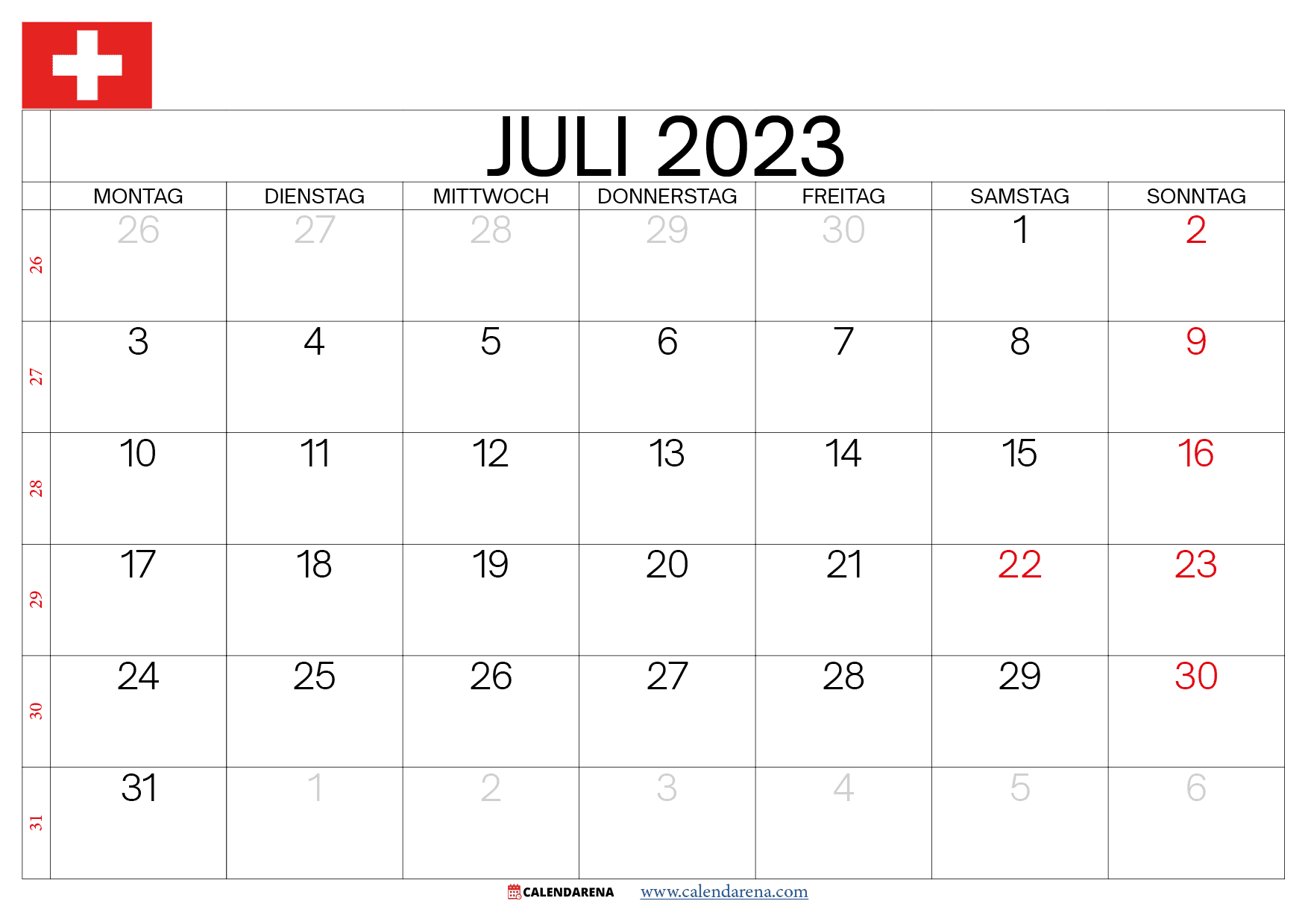 juli 2023 kalender Schweiz