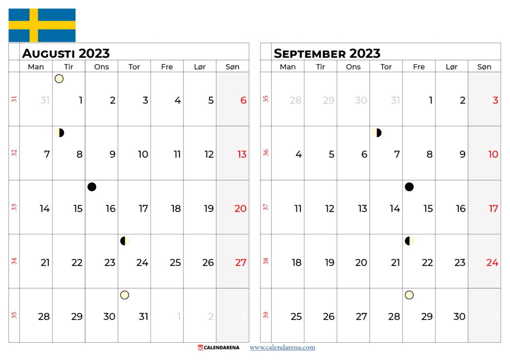 kalender Augusti September 2023 Sverige