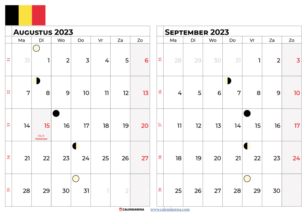 kalender Augustus september 2023 belgië