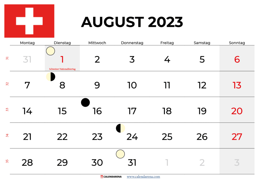 kalender august 2023 Schweiz