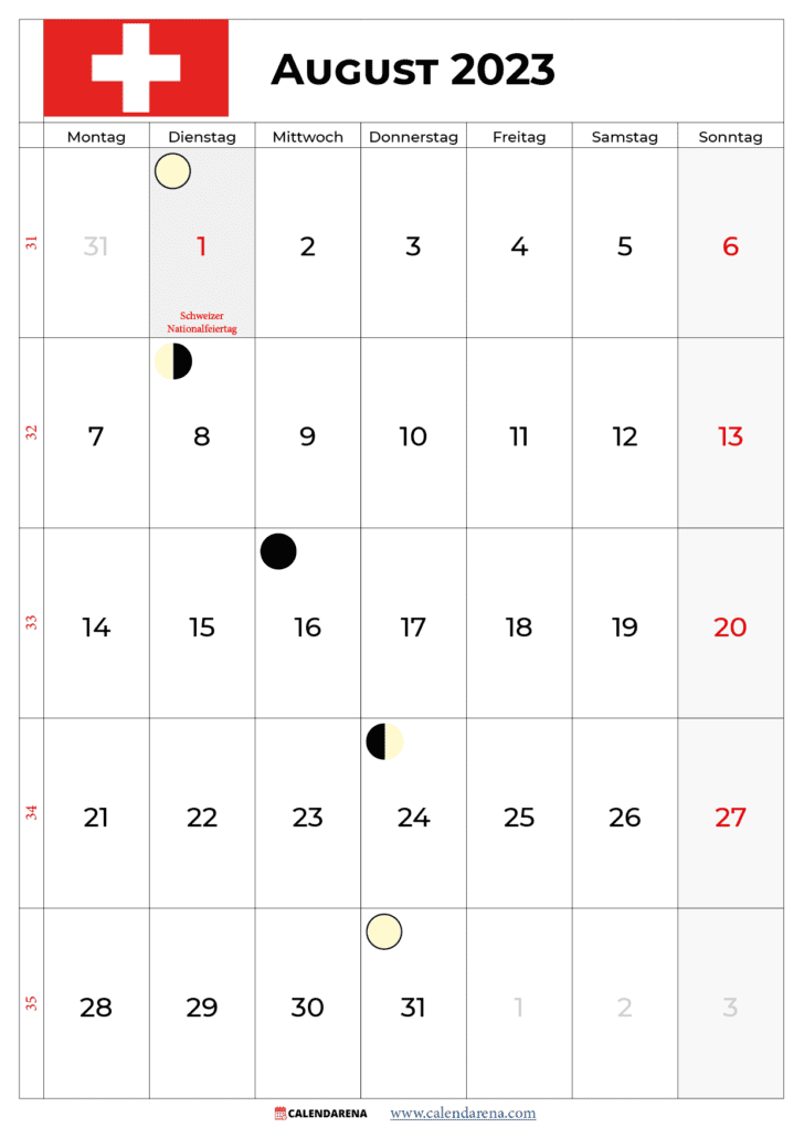 kalender august 2023 zum ausdrucken Schweiz