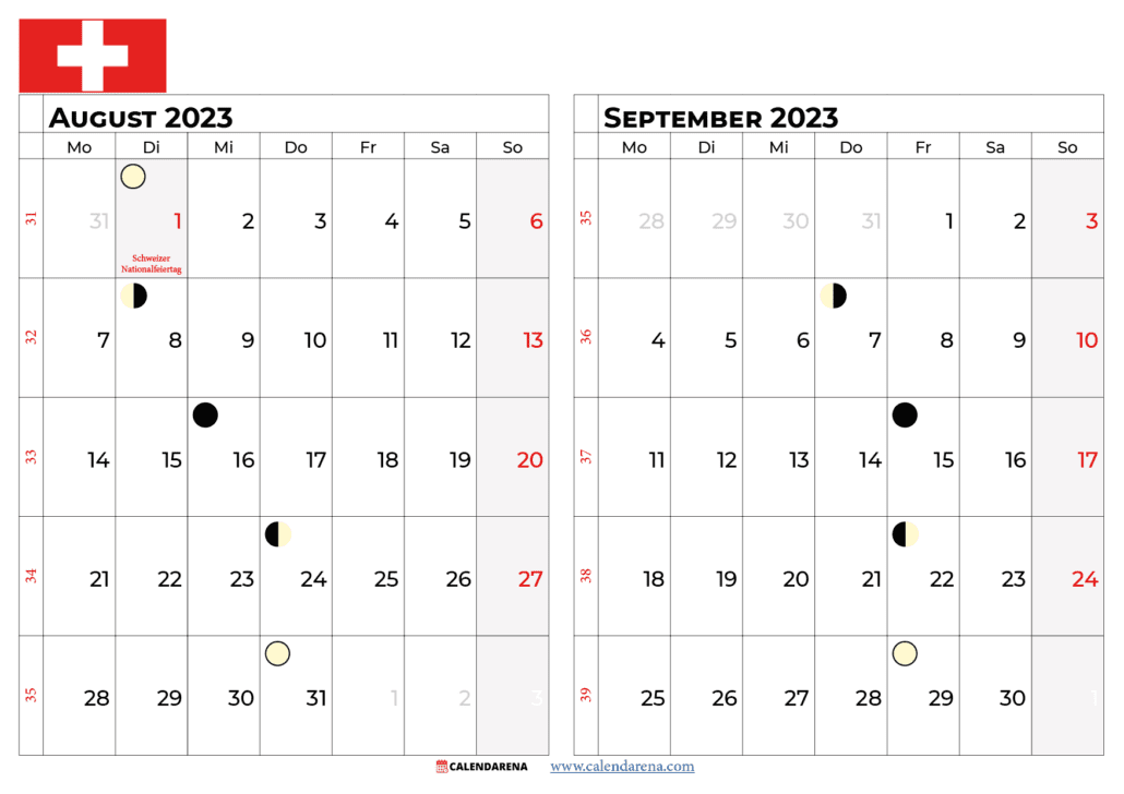 kalender august september 2023 Schweiz