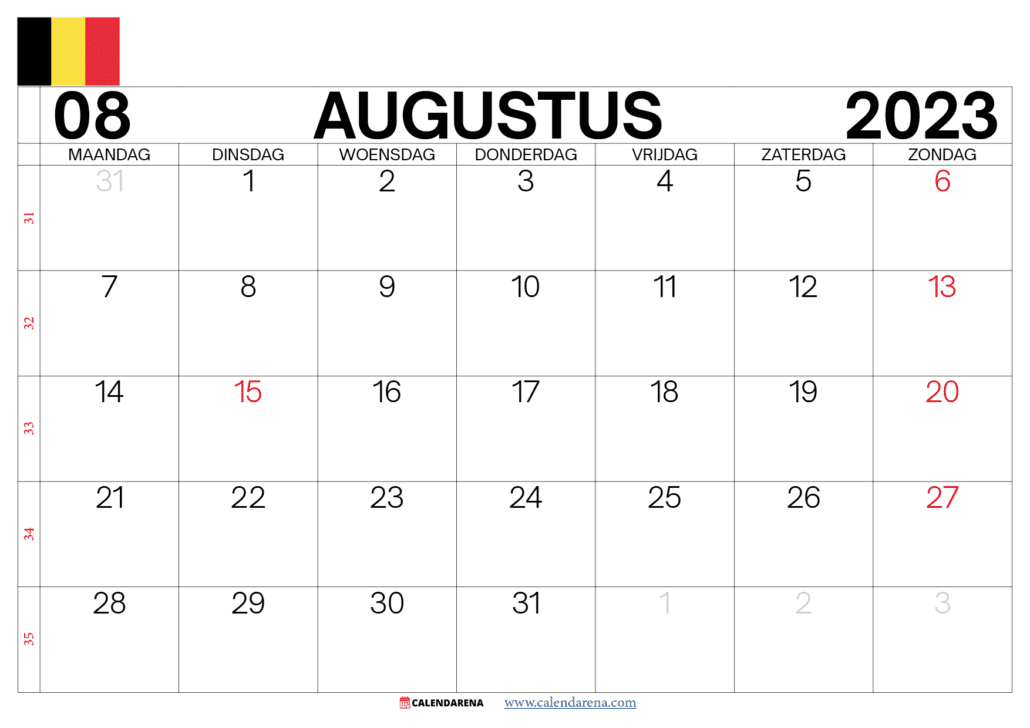 kalender augustus 2023 met weeknummers belgië
