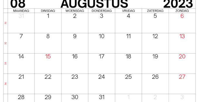 kalender augustus 2023 met weeknummers belgië