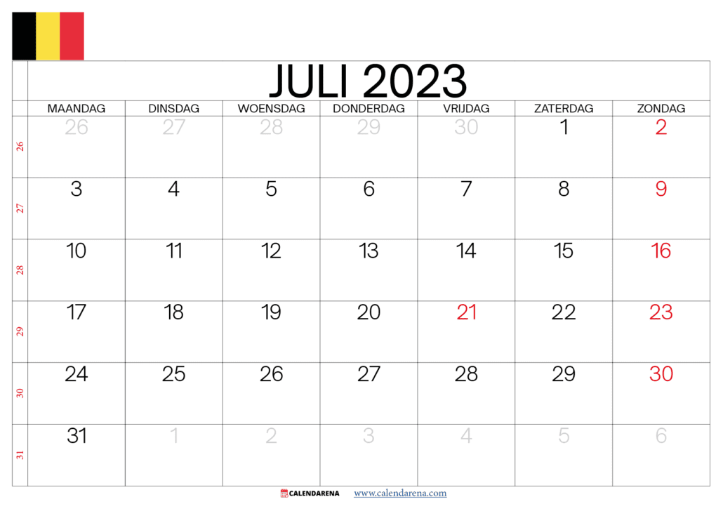 kalender juli 2023 met weeknummers belgië