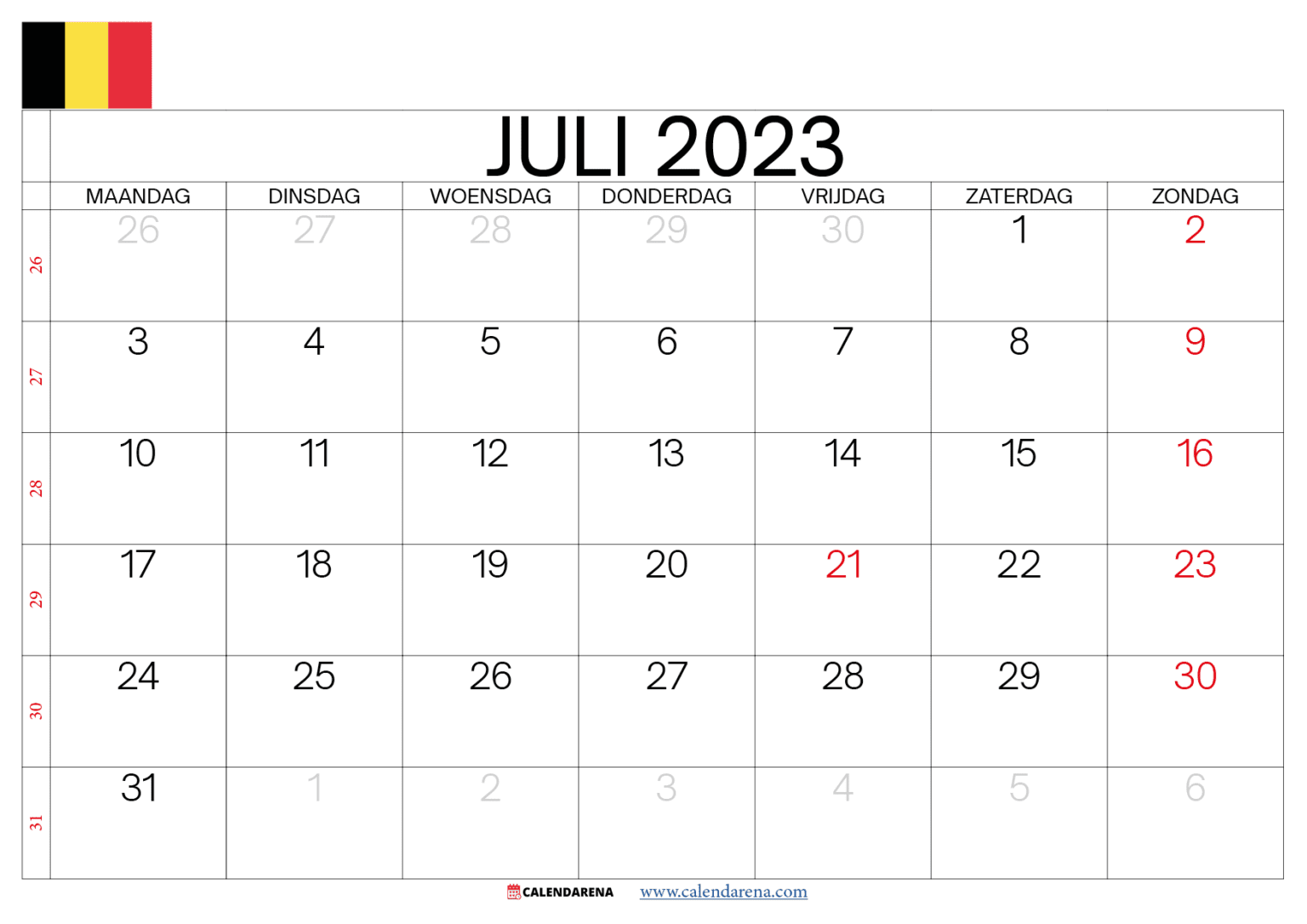 Kalender Juli 2023 België Zum Ausdrucken
